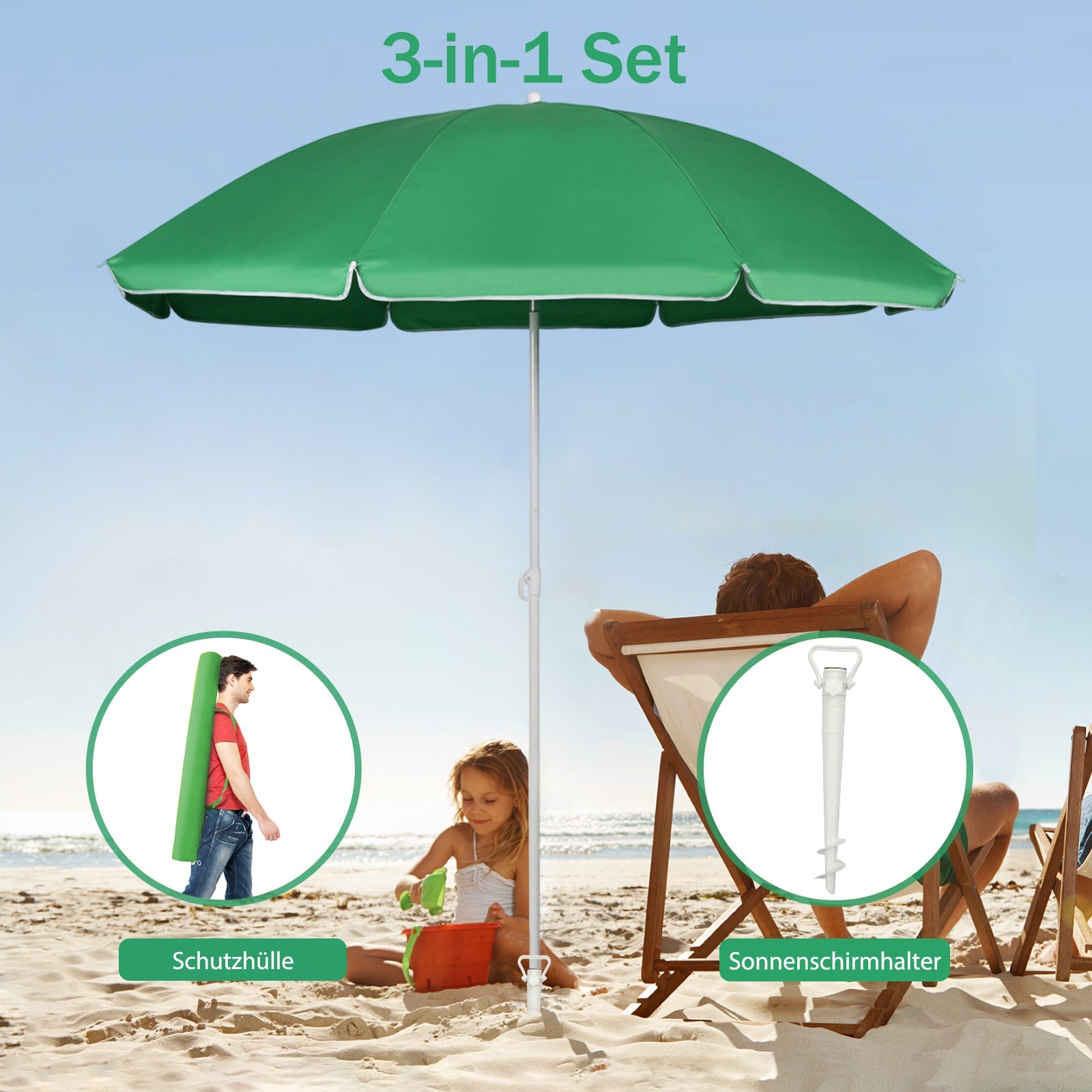 Sekey Sonnenschirm Ø 180 cm Rund Strandschirm Balkonschirm mit Tragetasch und Bodenhülse Sekey
