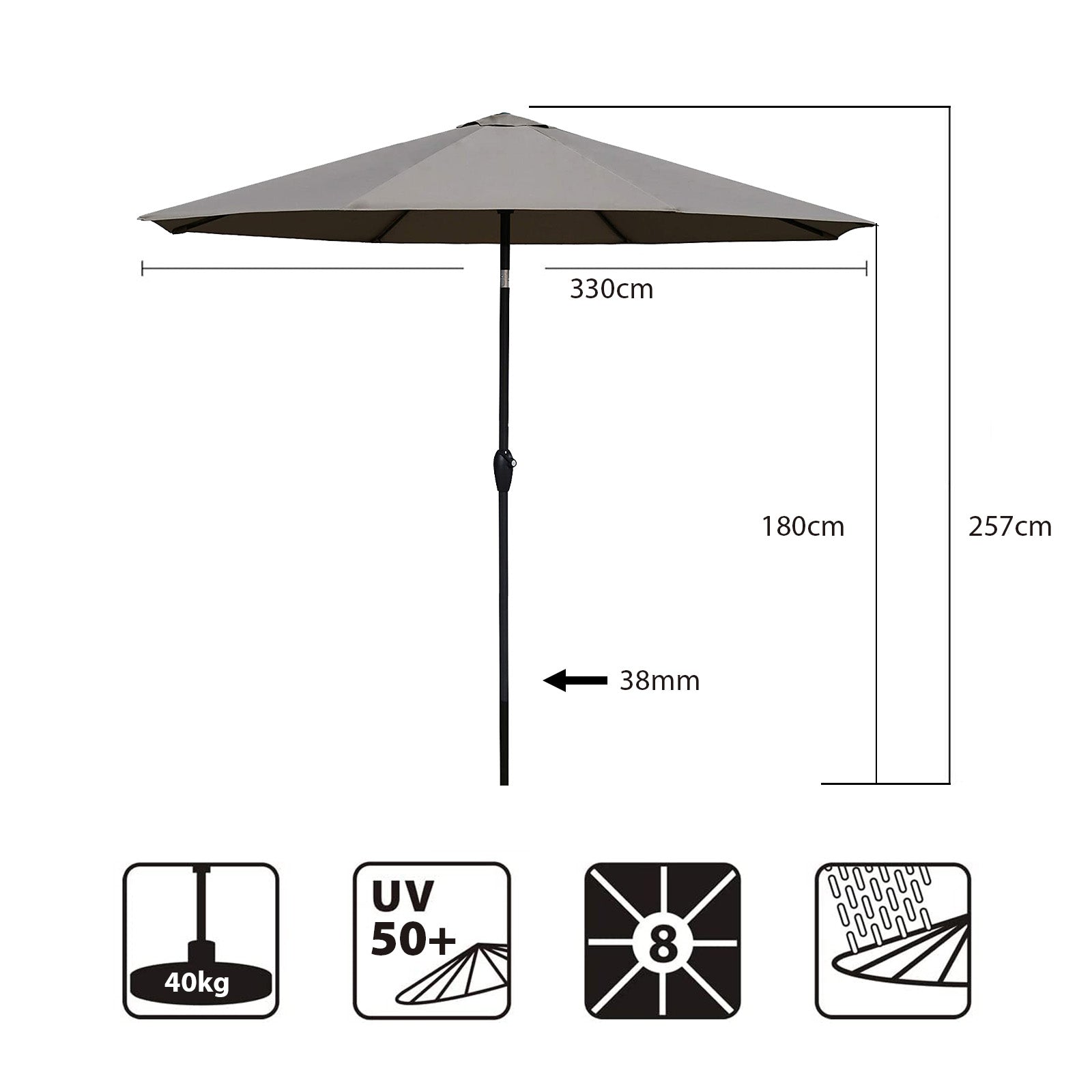 Sekey Sonnenschirm, 330cm Alu Gartenschirm 8-eckiger, mit Kurbel Sekey
