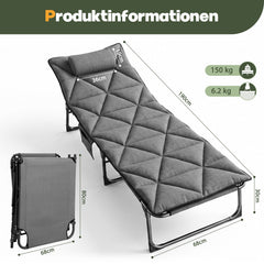 Sekey Campingliege Klappliege klappbar mit Matratze & Kopfkissen, 6-fach verstellbare Rückenlehne, Feldbett bis 150 kg, Gartenliege, Sonnenliege & Gästebett 190 × 68 cm