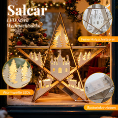 SALCAR LED Wooden Star 30 cm – Warm White Glowing Christmas Decoration Table Lamp, Battery Operated, Winter &amp; Advent Decoration for Table &amp; Window