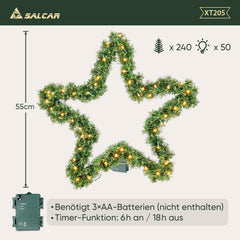 SALCAR PVC Christmas star with warm white LED string lights – 40 cm / 55 cm, with battery compartment &amp; timer, weatherproof for indoor and outdoor use