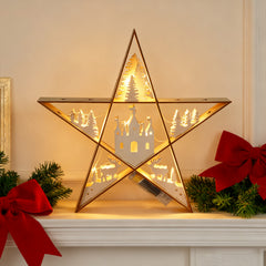 SALCAR LED Wooden Star 30 cm – Warm White Glowing Christmas Decoration Table Lamp, Battery Operated, Winter &amp; Advent Decoration for Table &amp; Window