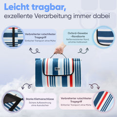 Sekey Picknickdecke – Wasserdicht & sandfest, faltbare Strandmatte mit PEVA-Unterseite, gepolstert & tragbar für Camping, Strand & Wiese – Blau-Weiß-Rote Streifen Sekey