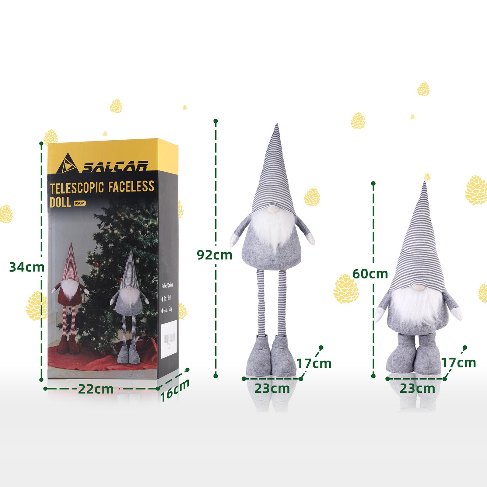Salcar Weihnachtsdeko Wichtel XL – Großer Deko-Gnom aus Filz, höhenverstellbar von 60–92 cm, Teleskopbeine, perfektes Geschenk zu Weihnachten & Thanksgiving – Grau Salcar