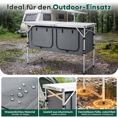 Sekey Campingtisch faltbar 120 cm, höhenverstellbarer Campingtisch mit 2 Staufächern, Outdoor Campingküche mit Aluminiumgestell, 54–70 cm, inkl. Tragetasche