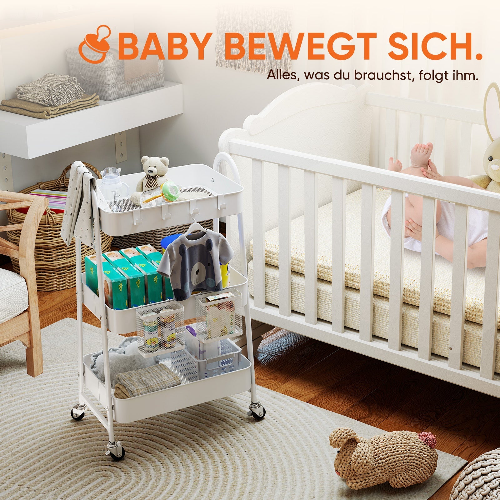 Sekey Rollwagen mit 3 Ebenen – Küchenwagen aus Stahl mit rostfester Lackierung, 2 Hängekörben & 4 Haken, 360°-Rollen mit Bremse, ergonomischem Griff, bis 30 kg belastbar, vielseitiger Servierwagen für Küche, Bad, Büro & mehr – Weiß Sekey