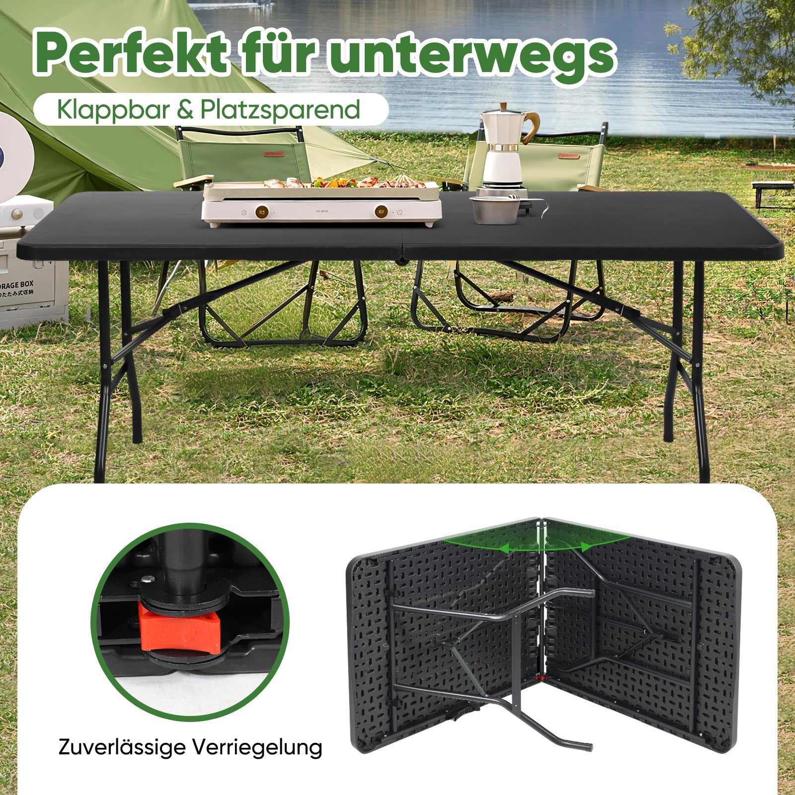 Sekey Klapptisch 152x70x74 cm – Robuster Buffettisch aus Kunststoff, tragbar mit Griff, wetterfest & faltbar – Campingtisch, Partytisch, Gartentisch für 4 Personen Sekey