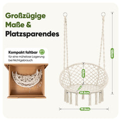 Sekey Hängesessel 360° drehbar mit Ringkissen – Boho Hängestuhl aus Recycling-Baumwolle, gemütlicher Hängesitz mit Metallkette & Karabinern für Wohnzimmer, Balkon und Terrasse