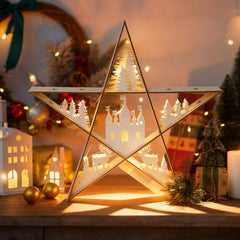 SALCAR LED Wooden Star 30 cm – Warm White Glowing Christmas Decoration Table Lamp, Battery Operated, Winter &amp; Advent Decoration for Table &amp; Window