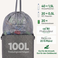 Sekey Pfandflaschen Sammelbehälter 100L mit Deckel, Flaschenkorb für Leergut & Dosen, Herausnehmbarer Innenbeutel mit Schultergurt, Flaschensammler für Küche, Keller & Recycling