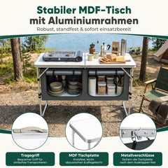 Sekey Campingtisch faltbar 120 cm, höhenverstellbarer Campingtisch mit 2 Staufächern, Outdoor Campingküche mit Aluminiumgestell, 54–70 cm, inkl. Tragetasche