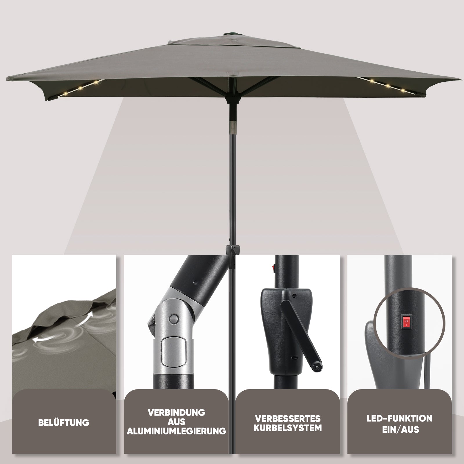 Sekey Sonnenschirm 300 x 200 cm Rechteckig Gartenschirm mit LED-Solar-Beleuchtung Sekey