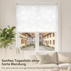 Sekey Rollo Schmetterling Weiß – Seitenzugrollo mit dekorativem Muster, Klemmfix ohne Bohren, lichtdurchlässig, stufenlos verstellbar