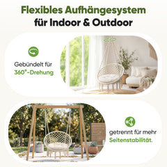 Sekey Hängesessel 360° drehbar aus Recycling-Baumwolle – Boho Hängestuhl mit Sitzkissen, Metallkette & Karabinern, Hängesitz für Wohnzimmer, Balkon, Terrasse & Schlafzimmer