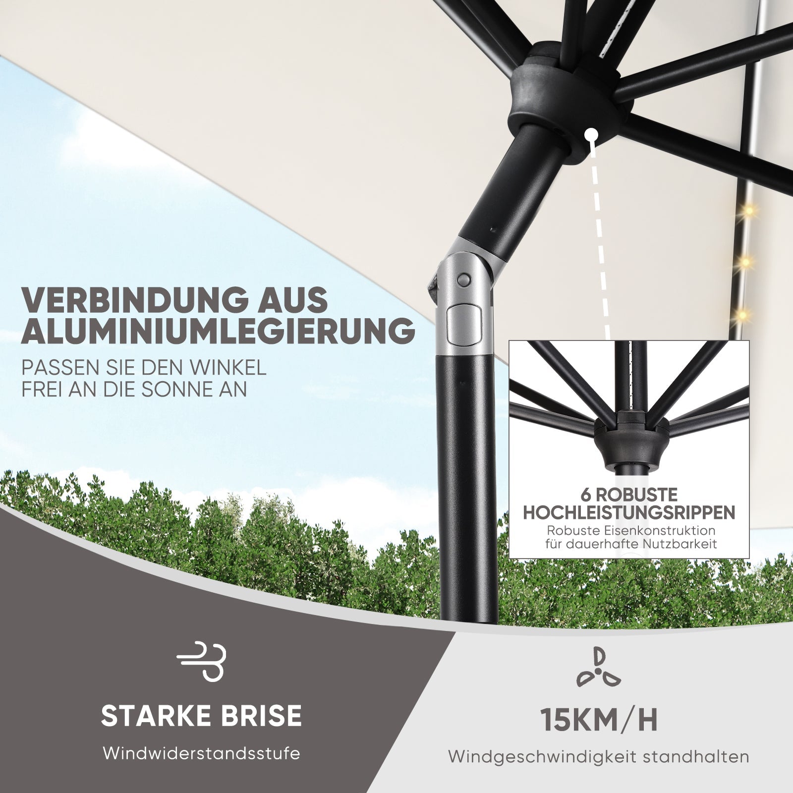 Sekey Sonnenschirm 300 x 200 cm Rechteckig Gartenschirm mit LED-Solar-Beleuchtung Sekey