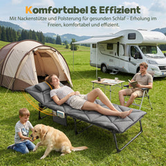 Sekey Campingliege Klappliege klappbar mit Matratze & Kopfkissen, 6-fach verstellbare Rückenlehne, Feldbett bis 150 kg, Gartenliege, Sonnenliege & Gästebett 190 × 68 cm