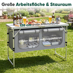 Sekey Campingtisch faltbar 120 cm, höhenverstellbarer Campingtisch mit 2 Staufächern, Outdoor Campingküche mit Aluminiumgestell, 54–70 cm, inkl. Tragetasche