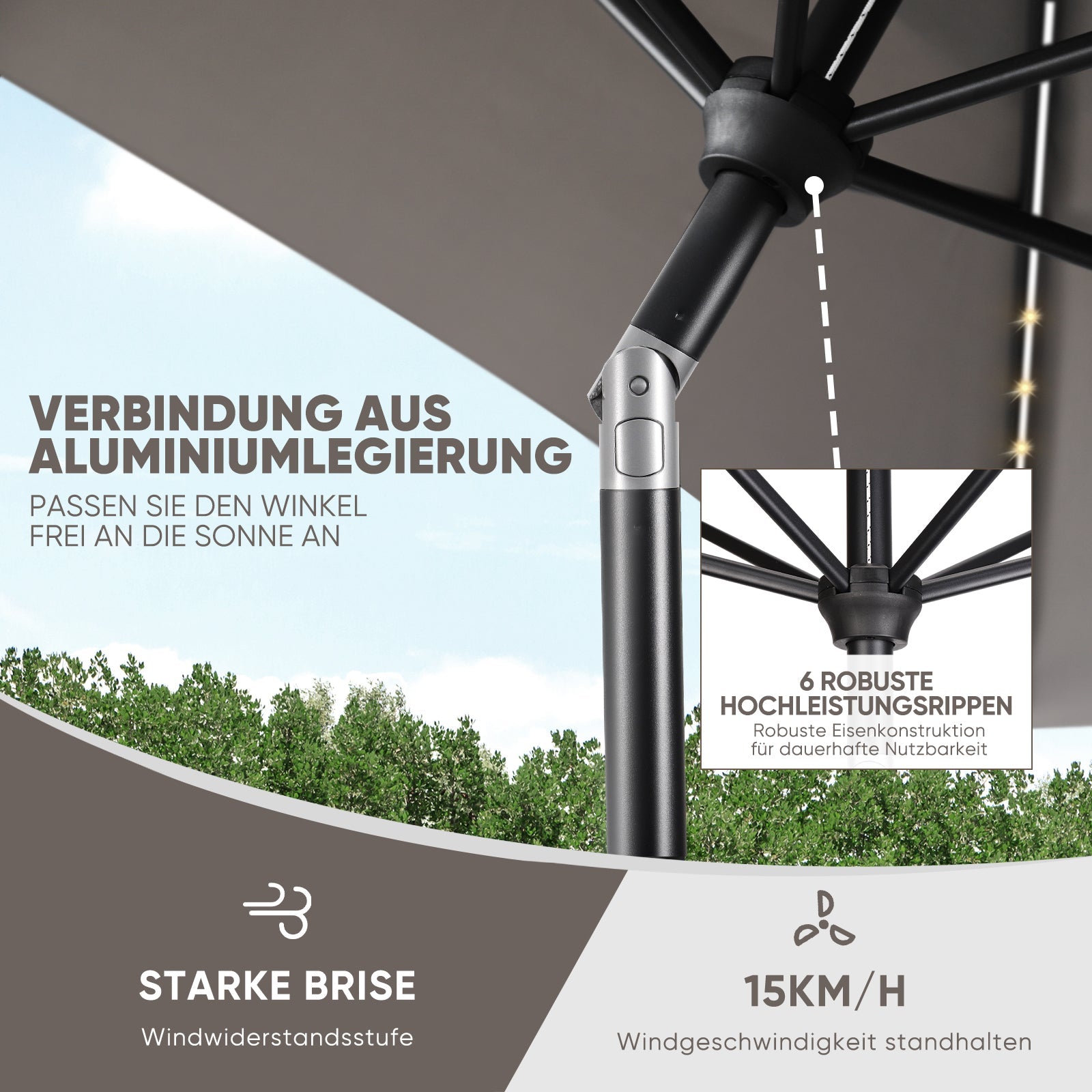 Sekey Sonnenschirm 300 x 200 cm Rechteckig Gartenschirm mit LED-Solar-Beleuchtung Sekey