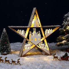 SALCAR LED Wooden Star 30 cm – Warm White Glowing Christmas Decoration Table Lamp, Battery Operated, Winter &amp; Advent Decoration for Table &amp; Window
