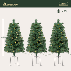 SALCAR 3-piece set of artificial Christmas trees, 60 cm, with warm white LED lighting – PVC fir branches with ground spike, outdoor &amp; garden decoration with remote control &amp; timer