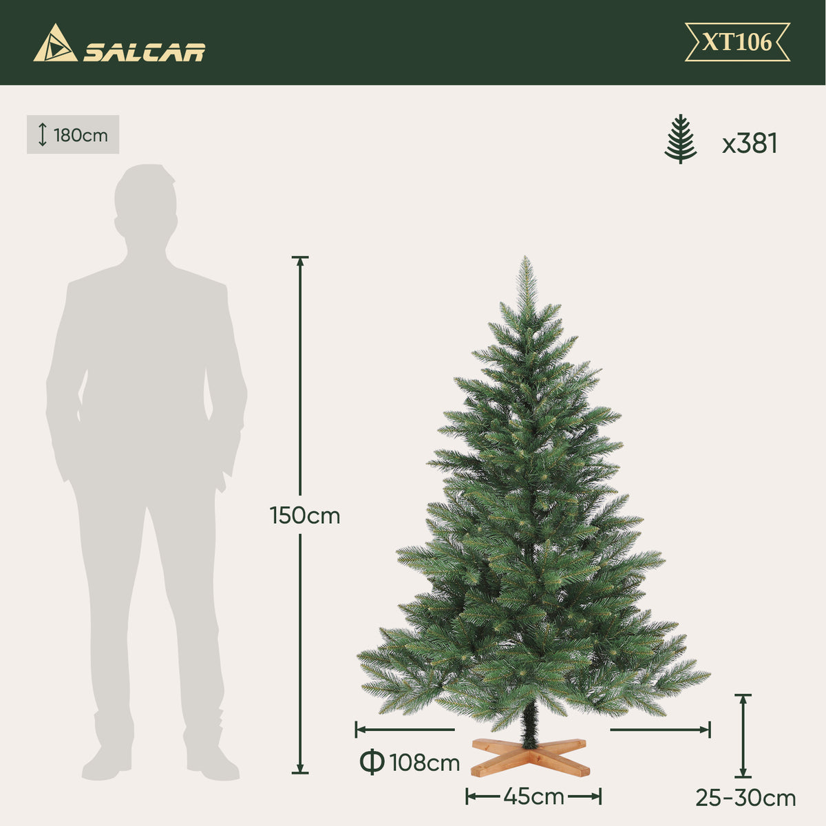 SALCAR Artificial Christmas Tree with Wooden Stand, 150/180/210 cm, Realistic PVC Christmas Tree, Easy-Care &amp; High-Quality Indoor Christmas Decoration