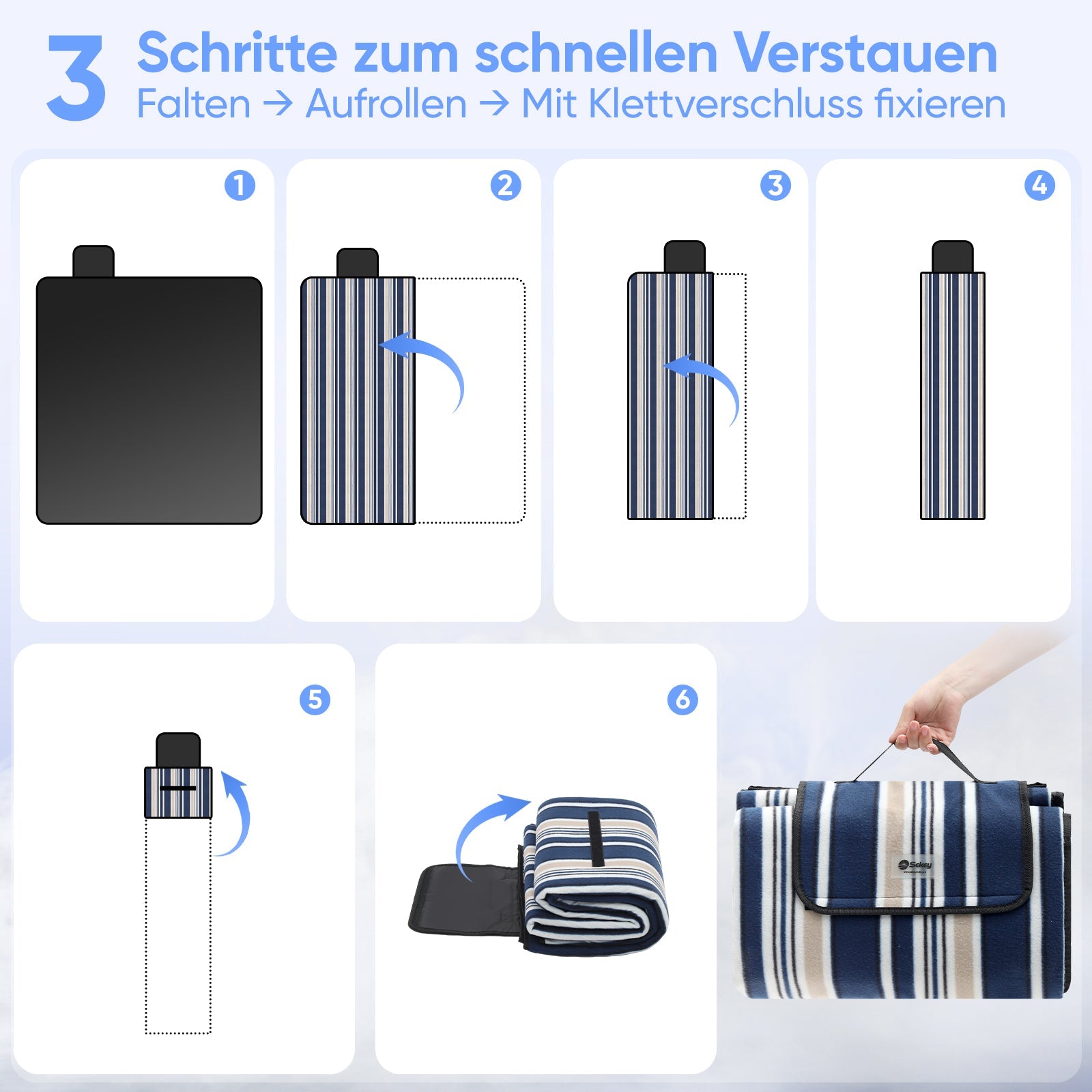 Sekey Wasserdichte Picknickdecke – Sandfeste, faltbare Strandmatte mit gepolstertem PEVA-Untergrund, tragbar für Outdoor, Camping, Strand & Wiese, Blau-Weiß-Beige Streifen Sekey