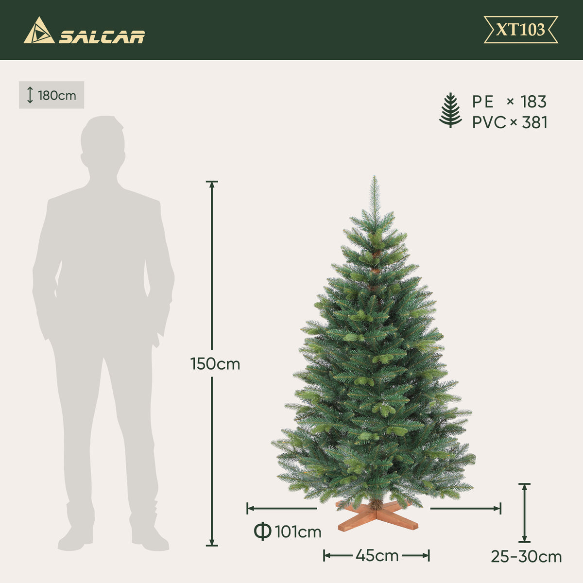 SALCAR Artificial Christmas Tree with Wooden Stand, Premium PE+PVC Fir Tree, Realistic &amp; Dense Look, Easy Assembly for Indoor Use
