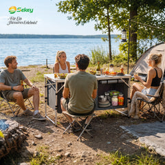 Sekey Campingtisch faltbar 120 cm, höhenverstellbarer Campingtisch mit 2 Staufächern, Outdoor Campingküche mit Aluminiumgestell, 54–70 cm, inkl. Tragetasche