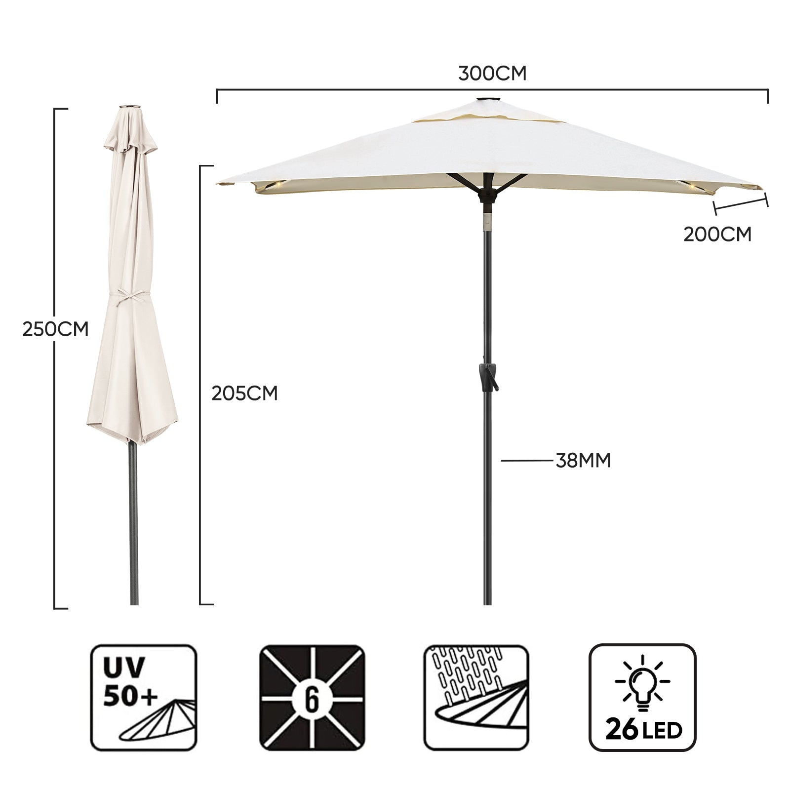 Sekey Sonnenschirm 300 x 200 cm Rechteckig Gartenschirm mit LED-Solar-Beleuchtung Sekey