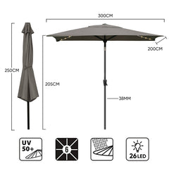 Sekey Sonnenschirm 300 x 200 cm Rechteckig Gartenschirm mit LED-Solar-Beleuchtung Sekey