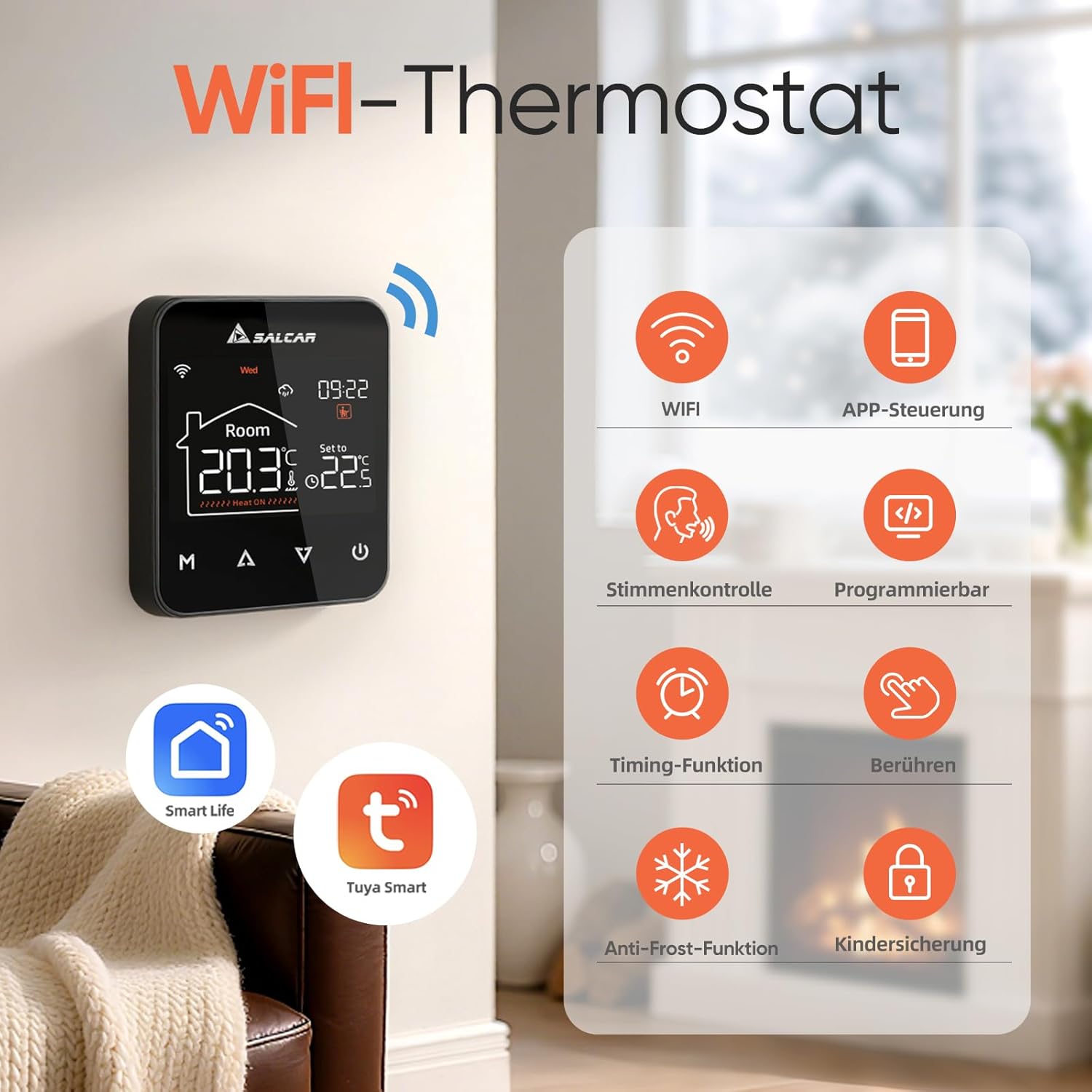 Salcar Smart WLAN Thermostat – Programmierbarer Raumthermostat für elektrische Fußbodenheizung 230V mit LCD-Display, Tuya kompatibel (16A) Salcar