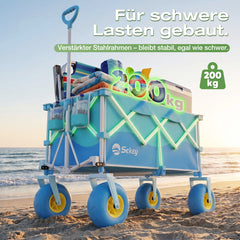 Sekey Bollerwagen faltbar mit Luftreifen 23×10 cm – Strand Bollerwagen klappbar bis 200 kg, 200L Transportwagen für Strand, Camping & Familie