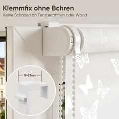 Sekey Rollo Schmetterling Weiß – Seitenzugrollo mit dekorativem Muster, Klemmfix ohne Bohren, lichtdurchlässig, stufenlos verstellbar