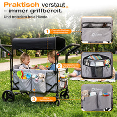 Sekey Bollerwagen faltbar mit Dach für 1–2 Kinder – Kinderwagen mit XXL-Rädern, 5-Punkt-Gurt & flexibler Sitz-/Liegefläche, bis 110 kg, Serie 9090