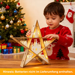 SALCAR LED Wooden Star 30 cm – Warm White Glowing Christmas Decoration Table Lamp, Battery Operated, Winter &amp; Advent Decoration for Table &amp; Window