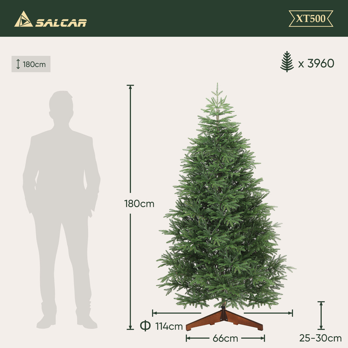 SALCAR Premium Artificial Christmas Tree made of 100% PE injection molding – Realistic spruce tree with lifelike trunk, stable wooden stand and storage bag – 180 cm / 210 cm