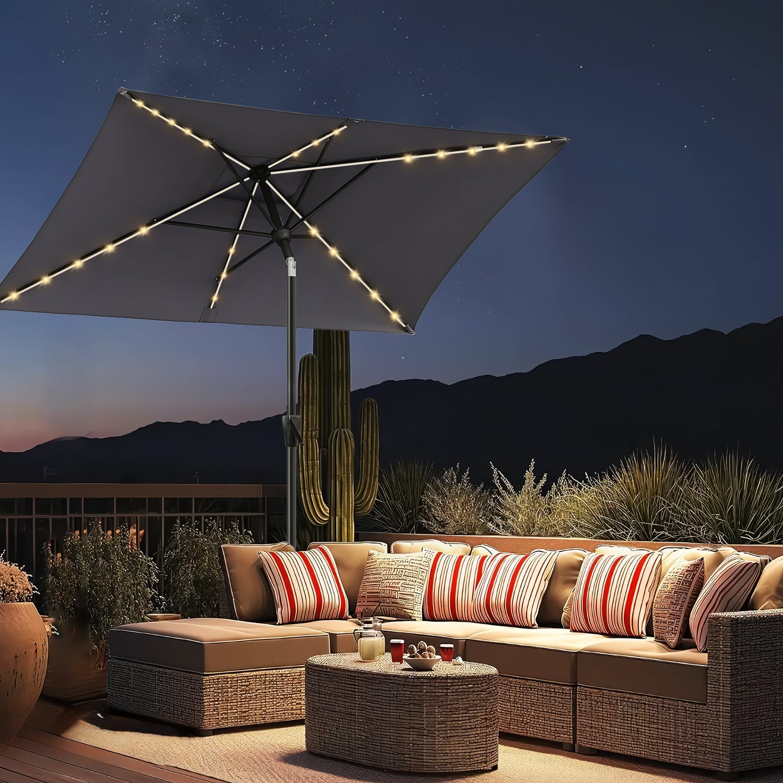 Sekey Sonnenschirm 300 x 200 cm Rechteckig Gartenschirm mit LED-Solar-Beleuchtung Sekey