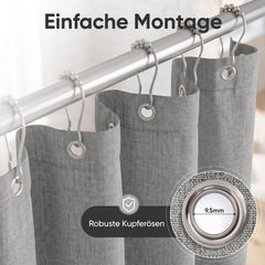 Sekey Hellgrau Duschvorhang 180 × 200 cm, Textil Badewannenvorhang in Leinenoptik, Wasserabweisend & Waschbar, 100 % Polyester, mit Beschwerungsband & 12 Edelstahlringen