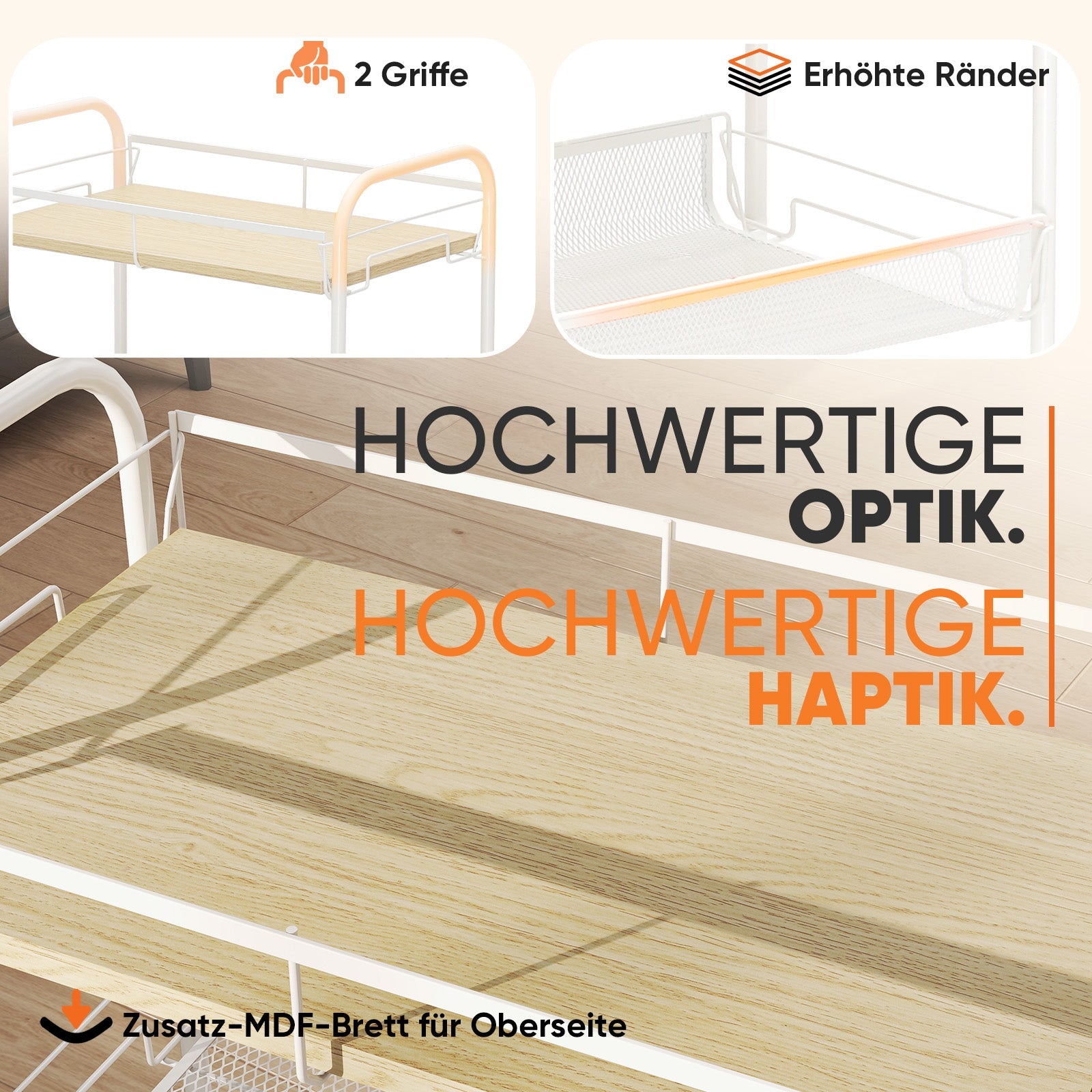 Sekey Rollwagen mit 4 Ebenen – Küchenwagen & Nischenregal mit MDF-Platte, Stahlrahmen, 360°-Rollen & Griff – Schmaler Servierwagen für Küche, Bad & Büro – Weiß Sekey