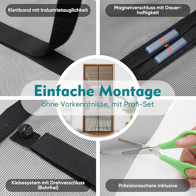 Sekey Magnet Fliegengitter für Balkontüren – Zuschneidbar & selbstklebend, ohne Bohren (bis 155x245 cm, Schwarz) Sekey