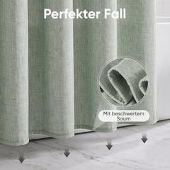 Sekey Duschvorhang, Grün, Wasserabweisender Badvorhang in Leinenoptik, 100 % Polyester, mit Beschwerungsband & 8 Duschvorhangringen, Waschbar bei 30 °C