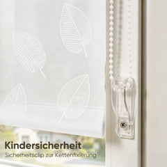 Sekey Rollo Blatt Weiß – Seitenzugrollo mit dekorativem Muster, Klemmfix ohne Bohren, lichtdurchlässig, stufenlos verstellbar