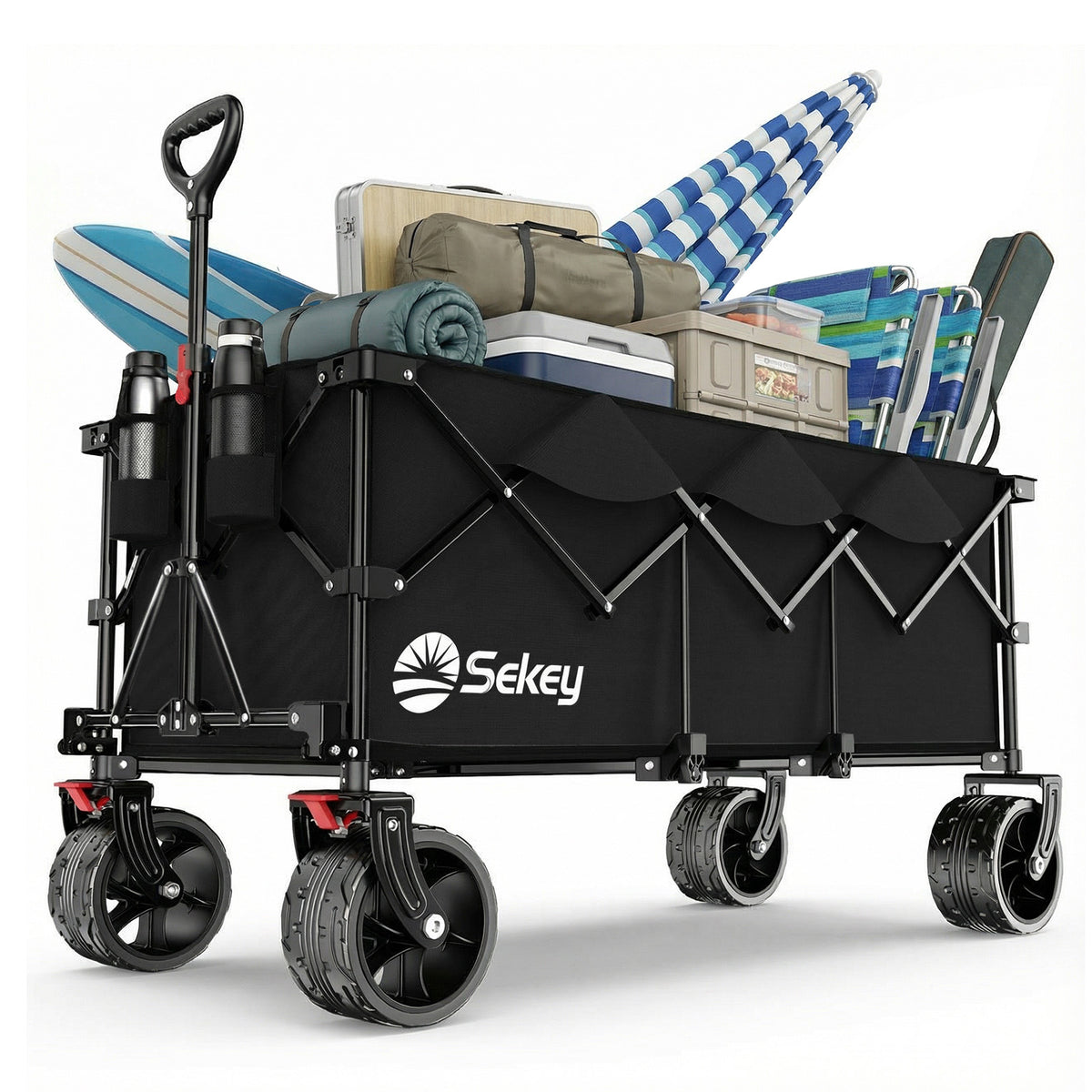 Sekey 300L / 150KG Faltbarer Bollerwagen, Patentiert Zusammenfaltbar aus Vier Richtungen, mit Bremsen und Extra Breiten Rädern