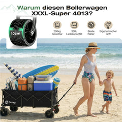 Sekey 300L / 150KG Faltbarer Bollerwagen, Patentiert Zusammenfaltbar aus Vier Richtungen, mit Bremsen und Extra Breiten Rädern