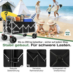 Sekey 300L / 150KG Faltbarer Bollerwagen, Patentiert Zusammenfaltbar aus Vier Richtungen, mit Bremsen und Extra Breiten Rädern