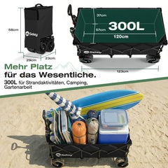 Sekey 300L / 150KG Faltbarer Bollerwagen, Patentiert Zusammenfaltbar aus Vier Richtungen, mit Bremsen und Extra Breiten Rädern