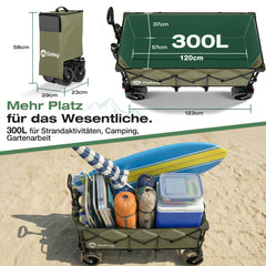 Sekey 300L / 150KG Faltbarer Bollerwagen, Patentiert Zusammenfaltbar aus Vier Richtungen, mit Bremsen und Extra Breiten Rädern