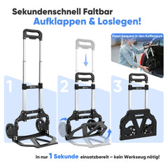 Sekey Alu Sackkarre Klappbar 80 kg Tragkraft – ultraleichte Transportkarre (3,5 kg), 3-fach höhenverstellbar, in 1 Sekunde faltbar, mit TPR-Rädern & ergonomischem Griff, schwarz