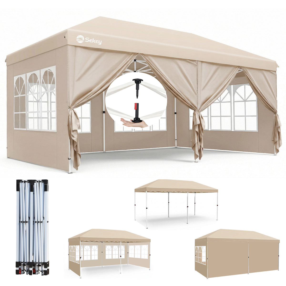Sekey 3x6m One-Touch Pop-Up Pavillon mit Seitenwänden – Wasserdicht & Windfest, Faltpavillon mit 4 Sandsäcken, Höhenverstellbar, Schnellaufbau für Garten, Camping & Events