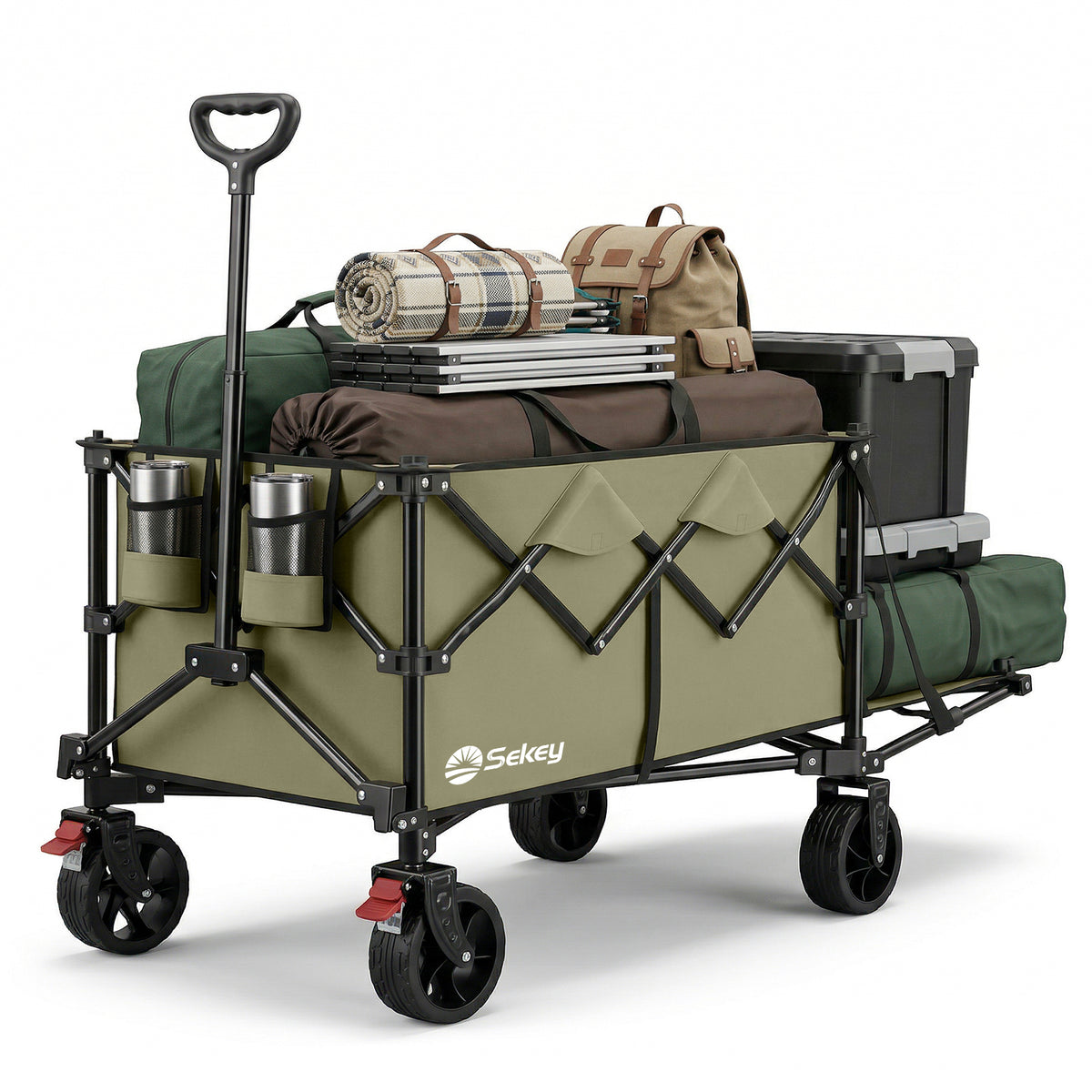 Sekey Bollerwagen faltbar bis 150 kg, 160–240 L Handwagen mit erweiterbarer Heckklappe, faltbarer Transportwagen mit 360° Rädern & Bremse, 600D Oxford-Stoff, für Garten, Camping & Hund, 3027